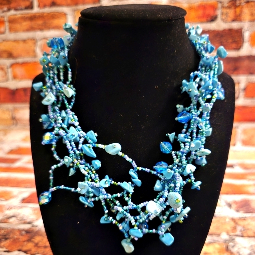 Aqua Blue Glass Bead and Stone Multistrand Necklace